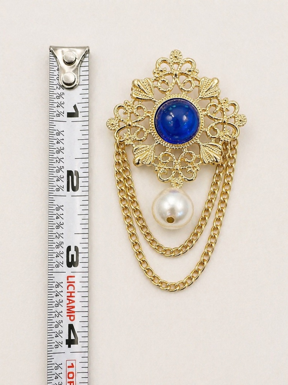 Vintage Style Gold Tone Filigree Blue Cabochon Faux Pearl Dangle Chain Brooch - Picture 5 of 6